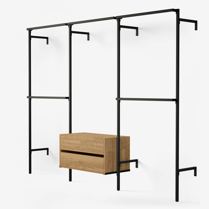 Frame Walk-In förvaringssystem med 3 sektioner och byrå - (2 stänger / 1 stång + 1 byrå / 2  stänger)